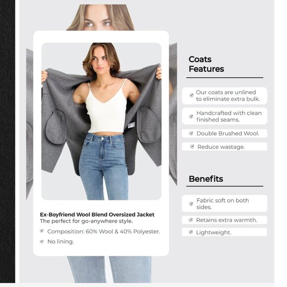 Bell & Bloom Wool Ex-Boyfriend Jacket Open Front Oversized Fit | Black | XL - Picture 4 of 16